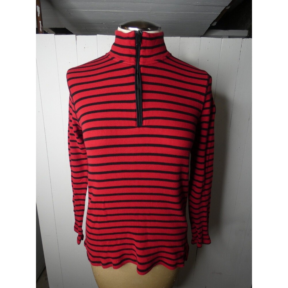 Lauren Ralph Lauren Active Women's L Mock Neck 1/4 Zip Striped Top Red Black